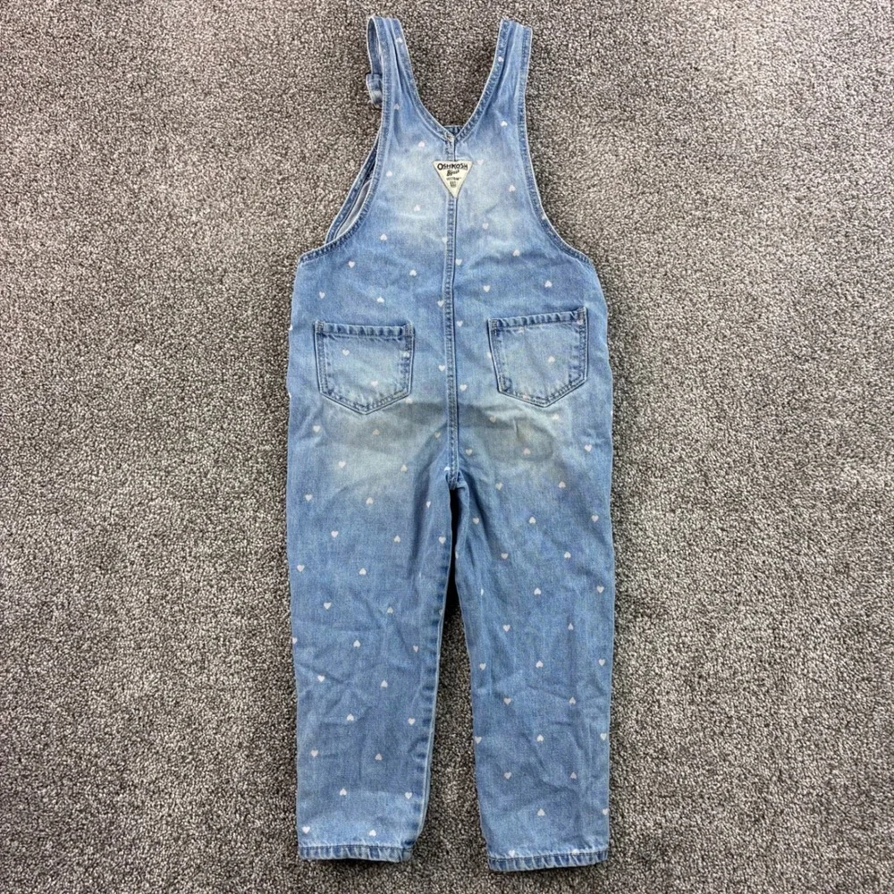 OshKosh B'gosh Denim Overalls Girls 5 Blue Cotton Heart Print Bib Jumpsuit